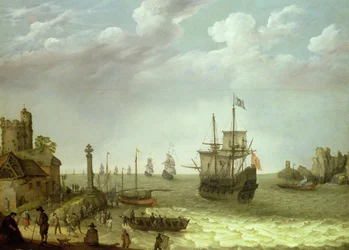 Siedlung an einer felsigen Küste mit der herannahenden niederländischen Flotte, 1640